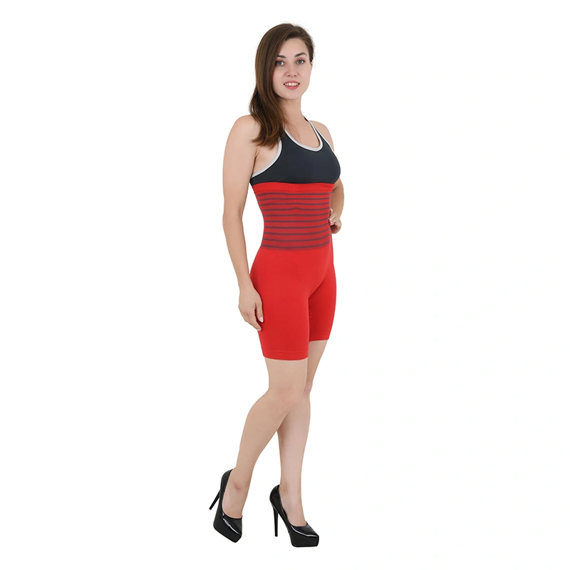 Red seamless body shaper shorts with striped waistband, walking pose - shapewear ecommerce photography Delhi, Lohar Studio